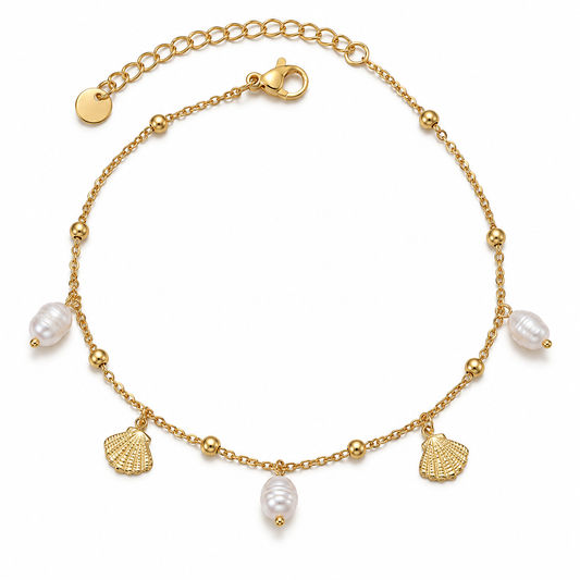 14K Gold-Plated Pearl & Shell Charm Anklet for Women