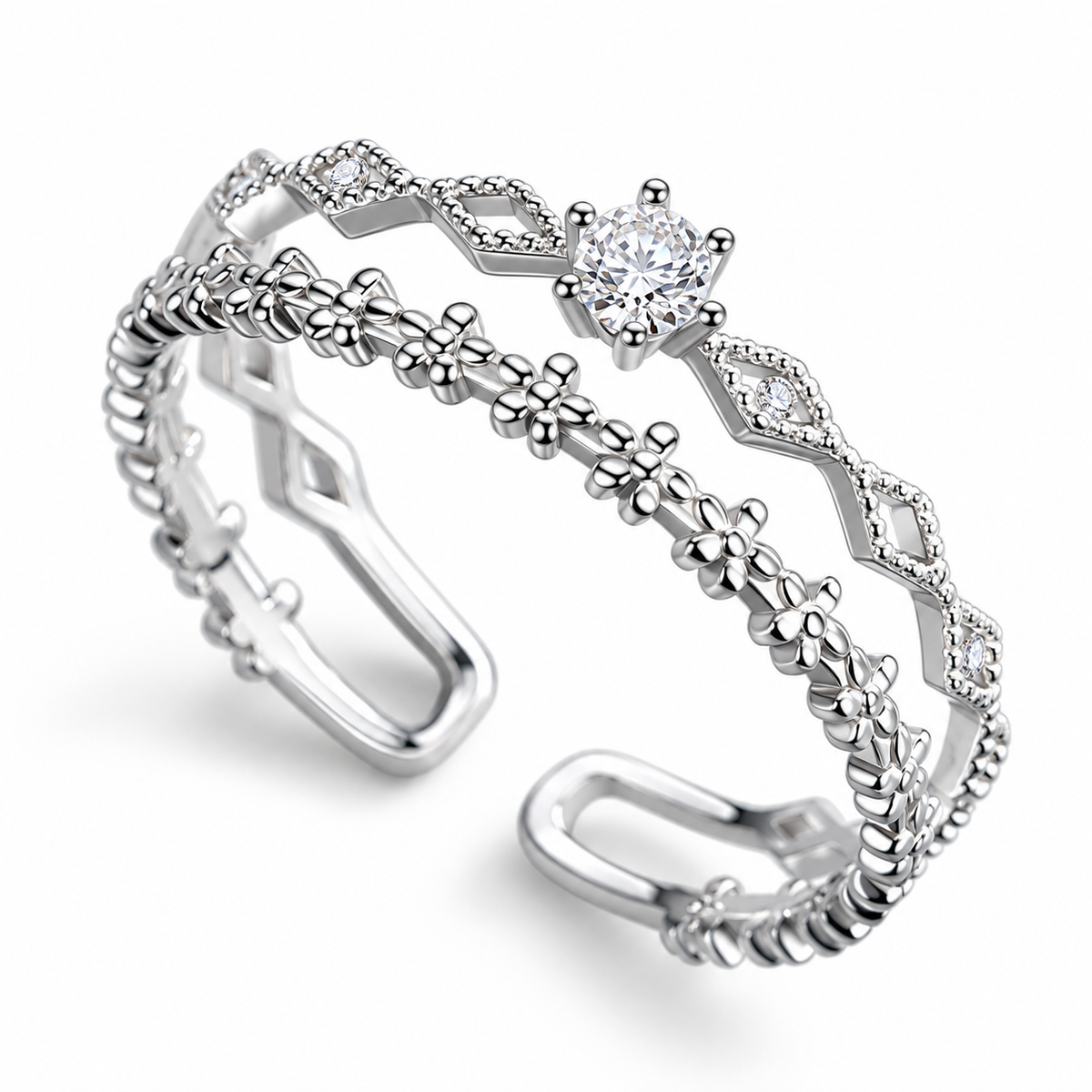 Elegant Double-Layer Zircon Floral Open Ring for Women