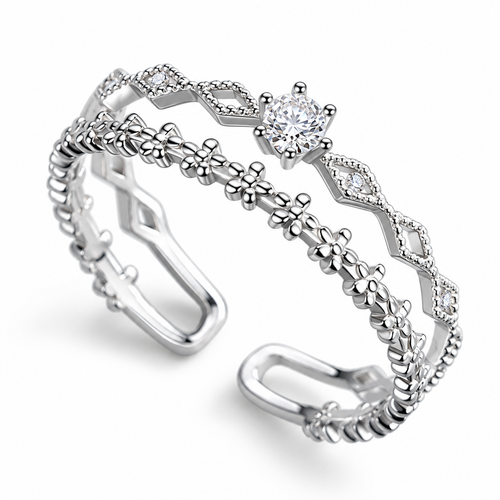 Elegant Double-Layer Zircon Floral Open Ring for Women