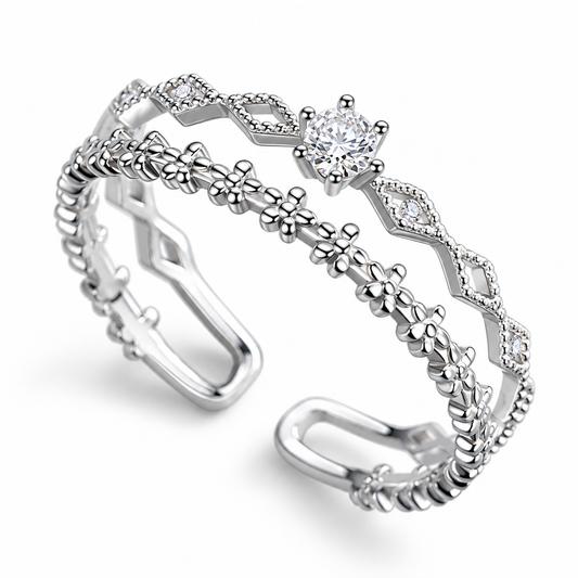 Elegant Double-Layer Zircon Floral Open Ring for Women