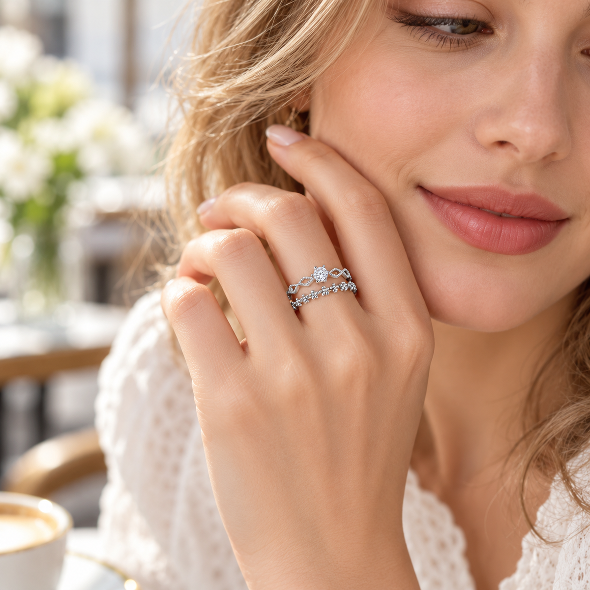 Elegant Double-Layer Zircon Floral Open Ring for Women